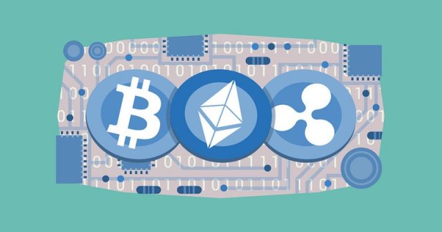 Graphic depicting the logos of popular cryptocurrencies - Bitcoin, Ethereum, Ripple